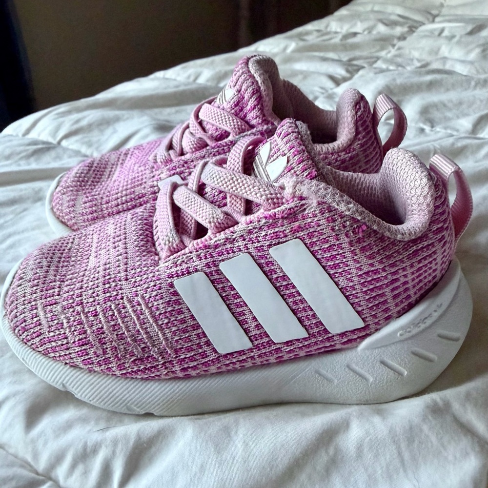 adidas Kids Pink Knit Slip-On Sneakers with White Stripes